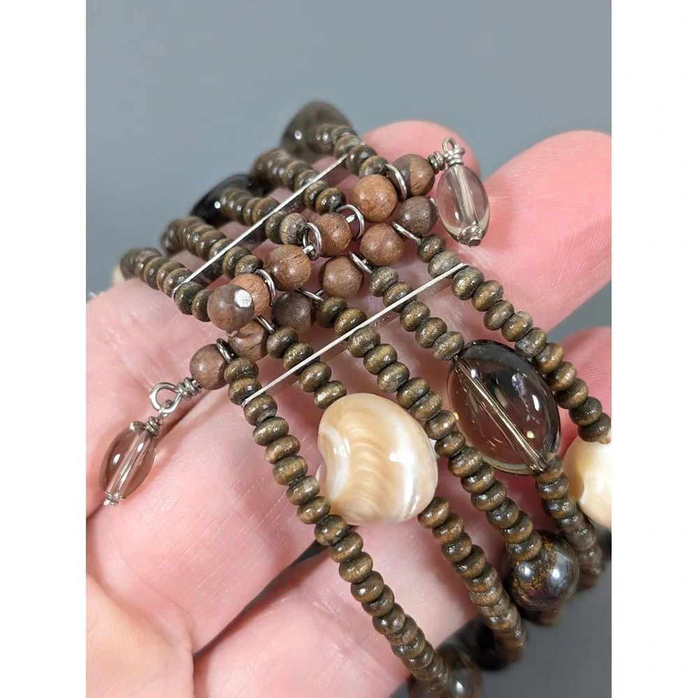 Wide Brown Beaded Cuff Bracelet Wood Shell‎ Glass Flexible Boho